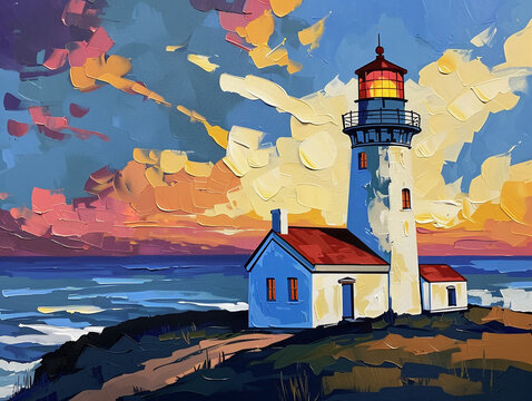 A lighthouse is painted on a canvas with a blue sky and ocean in the background, hill, blue, sky, ocean, sea, white, painted, ship, navigation, 