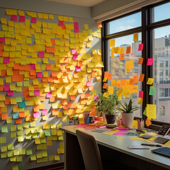 A lot of post it notes in an office room