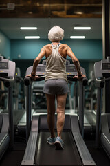 Old woman exercising in gym on treadmill