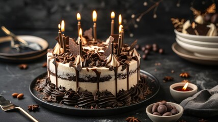 Elegant chocolate birthday cake with candles - This decadent chocolate cake with candles and gold accents exudes elegance on a chic dark background