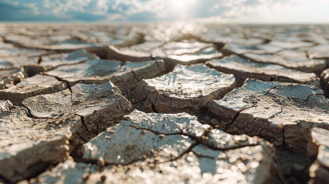 Close-up of sunlit cracked earth terrain - The intricate details and textures of parched earth are highlighted by sunlight, signifying environmental conditions and change