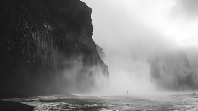 Monochromatic cliffside waterfall with figure - The stark monochrome image captures the raw power of a cliffside waterfall and the small human figure conveys a sense of scale and solitude