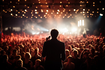 Comedian standing on stage in front of a large crowd