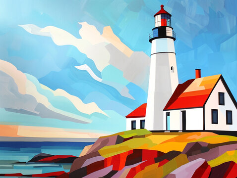 A lighthouse is painted on a canvas with a blue sky and ocean in the background, hill, blue, sky, ocean, sea, white, painted, ship, navigation, 