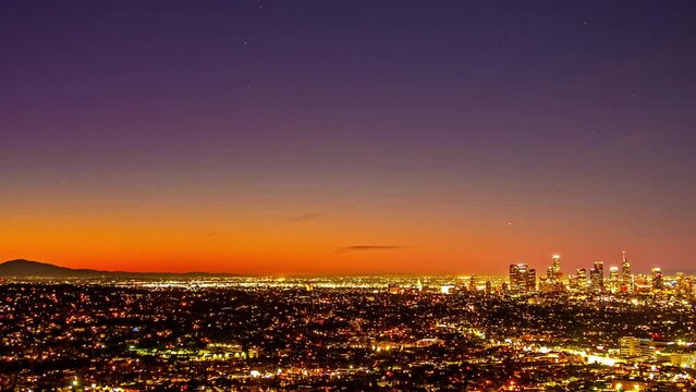 Los Angeles Skyline From Night To Sunrise From Kenneth Hahn View Point In California, USA. - timelapse