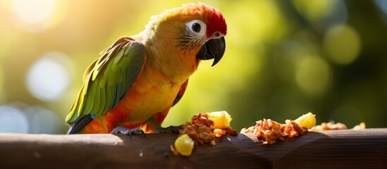 A colorful parrot is perched on a tree branch while enjoying a meal