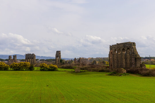 Park of the Aqueducts (Parco degli Acquedotti), an archeological public park in Rome, Italy, part of the Appian Way Regional Park, with monumental ruins of Roman aqueducts.