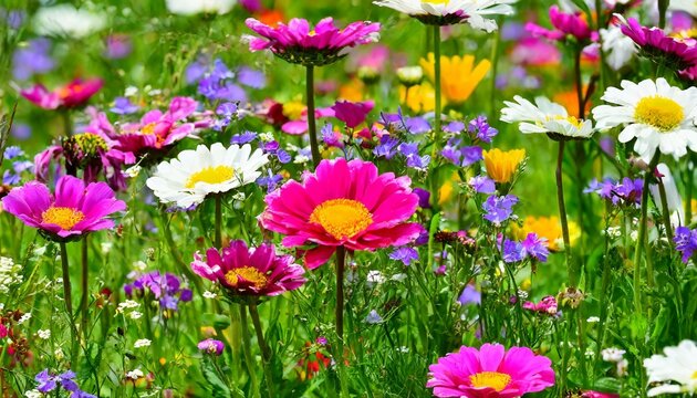 flowers in a field, wallpaper, Close up meadow flowers and daisies bloom in abundance with hues of pink purple and white. 
