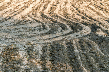 freshly ploughed field prepared for new planting. - 773677852