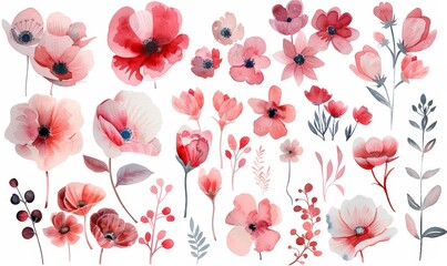 A variety of vibrant watercolor flowers arranged on a clean white background - obrazy, fototapety, plakaty