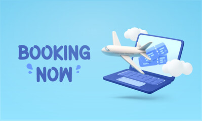Tour online booking banner template with 3d airplane, couple of flight tickets, laptop, clouds. Vacation and ariel travel application banner background. 3d vector illustration. Vector illustration