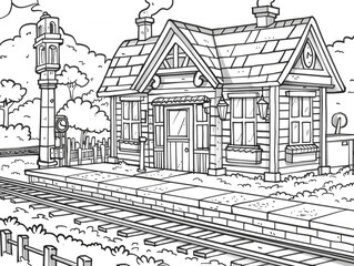 Old train station with a small building. Children's style coloring book. Black and white. 