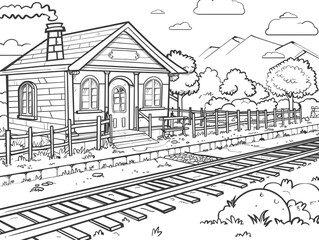 Old train station with a small building. Children's style coloring book. Black and white. 