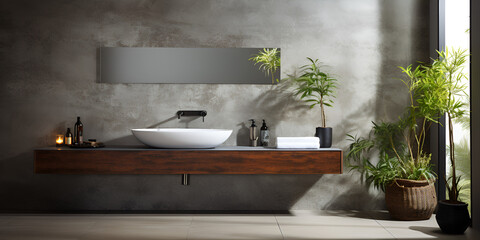 Bathroom Sink Modern Furnishings In 3d Grey Concrete Flooring Wall Mirror And grey background