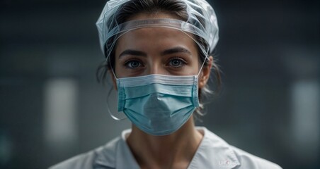 Fototapeta na wymiar Close up portrait of doctor - nurse - every day hero - wearing full medical protection with mask and cap - generative ai - imaginary person