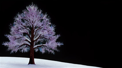 A lone tree with purple-hued, frost-covered branches stands out against a stark snowy landscape and a dark night sky.