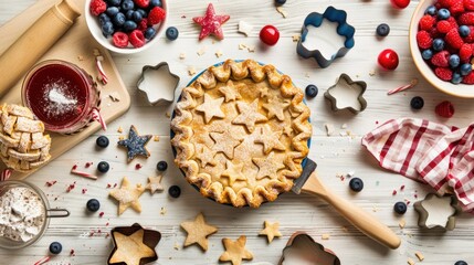 American flag-themed berry pie with star-shaped cutouts, surrounded by fresh berries and baking tools on a rustic table