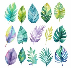 Several watercolor leaves, painted in various shades of green, yellow, and orange, are spread out on a clean white background