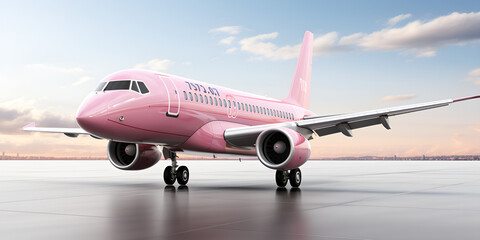 Pink plane taking off from the landing strip front side view with blue sky background 3d rendering