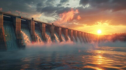 Hydroelectric dam at sunrise, floodgates releasing, steam fog, photorealistic, natural ambiance ,3DCG,clean sharp focus - obrazy, fototapety, plakaty