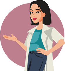 Young Female Doctor Recommending Treatment. Vector Cartoon Illustration Design
Cheerful cosmetologist wearing a white coat showing hand 
