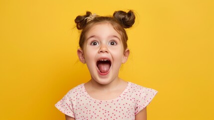 portrait of a happy excited little girl with an amazed look and open mouth on a yellow background