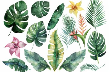 Collection of vibrant tropical leaves and flowers arranged on a clean white background - obrazy, fototapety, plakaty