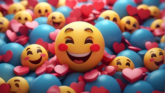 "3D emoji in love emoticon. Realistic photograph of a 3D-rendered emoji depicting a smiling face with hearts for eyes, conveying a feeling of love and affection. The emoticon is rendered with high det