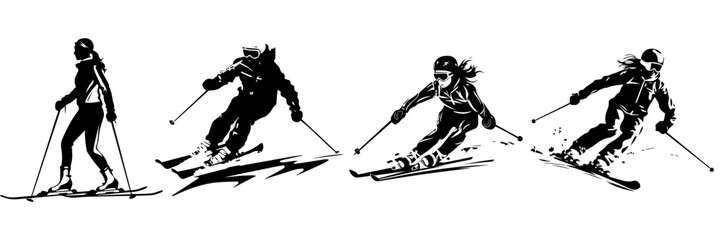 black and white silhouettes of women skating