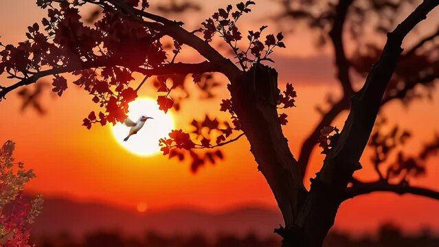 Bird and tree in sunset seamless looping 4k animation video background
