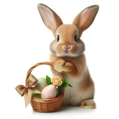 Cute easter bunny sitting in basket with eggs.