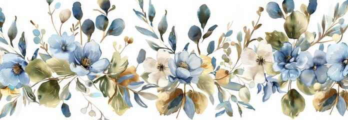 Blue flowers depicted in watercolor on a white background, creating a vibrant and colorful artistic composition - obrazy, fototapety, plakaty