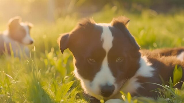 cute dog at green grass. 4k video animation