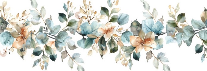 A detailed watercolor painting featuring vibrant flowers and lush green leaves, intricately depicted with delicate brushstrokes and a rich color palette
