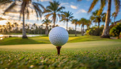 golf ball on tee with green grass and palm trees in background