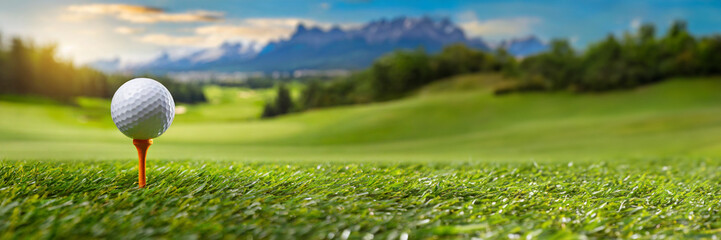 golf ball on tee with the green grass landscape background at sunset, panoramic banner - 773681893