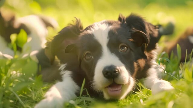 cute dog at green grass. 4k video animation