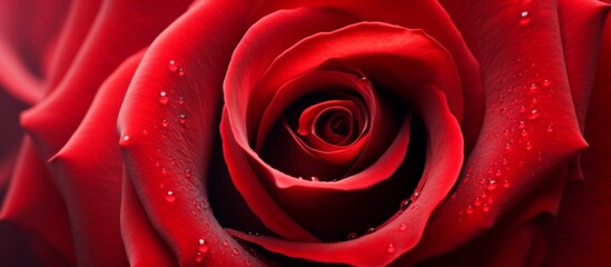 Red rose with vibrant petals and delicate water droplets glistening under the light