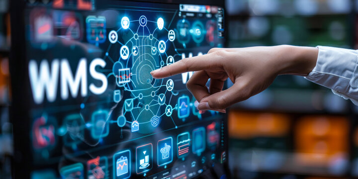 Logistics Manager Interacting with a Warehouse Management System (WMS) to Optimize Inventory, Distribution, and Workflow Efficiency