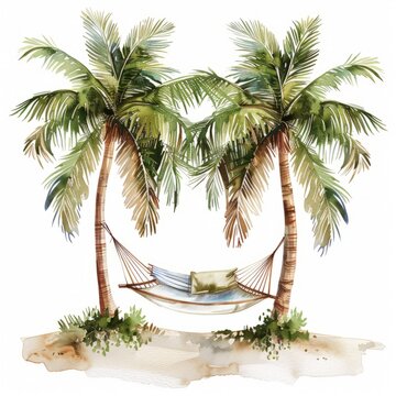 A painting depicting a hammock strung between two tall palm trees, set against a clear blue sky