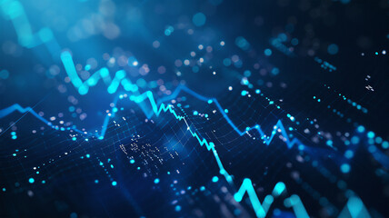 Financial graph on blue technology abstract background: Cinematic representation of trends and data analysis. Visualization of financial performance and technology integration.