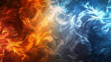 Fractal patterns of ice and flame meet in the opposition of blue and red tones, serving as a background image and creating a striking contrast.