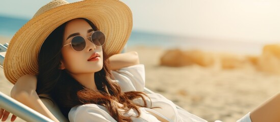A stylish woman wearing a straw hat and sunglasses relaxing on a beach chair - obrazy, fototapety, plakaty