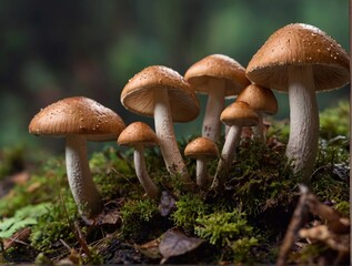 A group of inedible poisonous mushrooms in the forest. There are many fungi that are dangerous to human health.