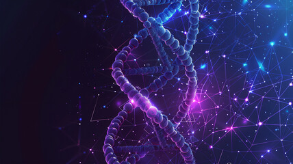 A hologram of a DNA strand in blue and purple colors. Exploring the essence of genetics. scientific discovery, study, mysteries. 