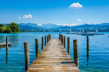 A wooden dock extends over the calm body of water, creating a pathway over the liquid surface - obrazy, fototapety, plakaty