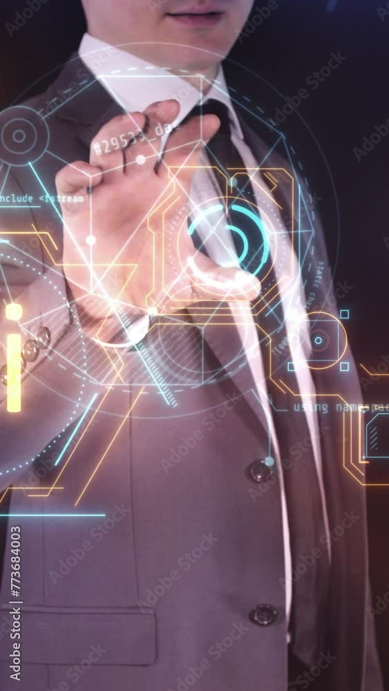 Poster a businessman works with a virtual projection of a chatbot on a panel.