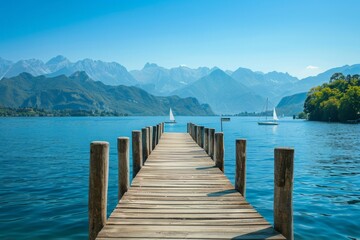 A wooden dock extends out into the calm lake, surrounded by clear blue water on all sides - obrazy, fototapety, plakaty