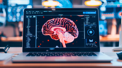 Futuristic Brain Imaging: Exploring Neuroanatomy.  On the screen of a laptop, a sagittal slice of a brain reveals details such as the corpus callosum, brainstem, cerebellum, and the main lobes - obrazy, fototapety, plakaty