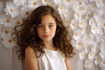 A radiant white wall complementing the perfect look of the most beautiful female kid, capturing the...